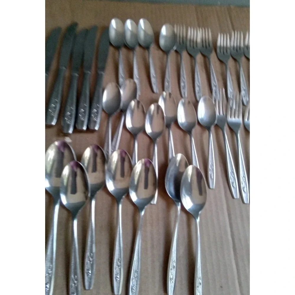 Vintage Stainless Steel Flatware‎ Set Knives Spoons Forks Floral Design